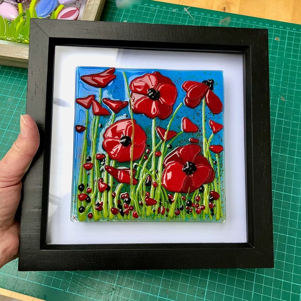 Wild Meadow Poppies Fused Glass Flowers, Poppy Fused Glass Wall Art, Gardener gift, Ireland, Fused Glass Cornwall, Cornish, Irish,