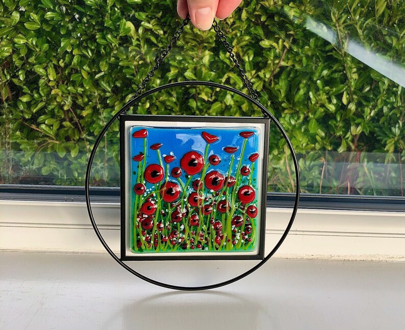 Wild Meadow Poppies Fused Glass Flowers, Wild Poppy Meadow, Cornish, Fused Glass Cornwall, Fused Glass Ireland, sun catcher, light catcher