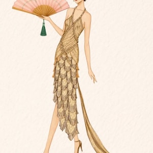 May include: A fashion illustration of a figure wearing a gold, sleeveless, knee-length dress with a tiered fringe skirt and a long, flowing train. The figure wears a gold headpiece with a red gem and holds a pink folding hand fan with a green tassel.