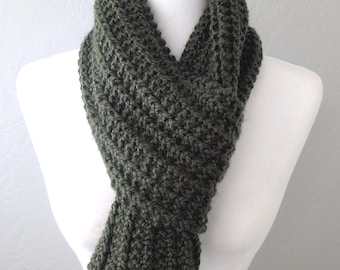 Hand Knit Green Scarf, Cozy Winter Scarf