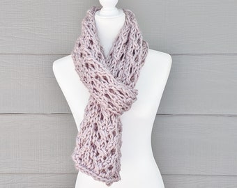 Knit Pink Scarf, Knitted Womens Scarf, Chunky Lace Scarf, Handmade Knits, Soft Warm Scarf, Hand Knit Accessory, Christmas Gift