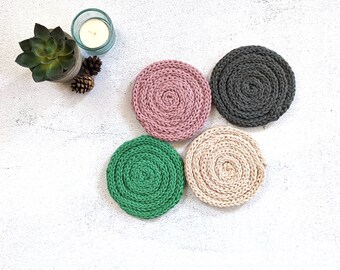 Drink Coasters Set of 4, Hand Knit Coasters, Hostess Gift