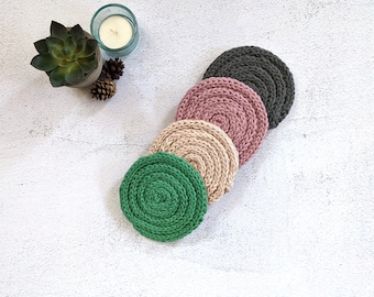 Hand Knit Cotton Drink Coasters, Cork Bottom, Set of 4