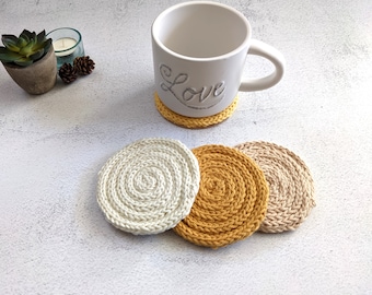 Hand Knit Cotton Coasters, Set of 4, Colorful Drink Coasters