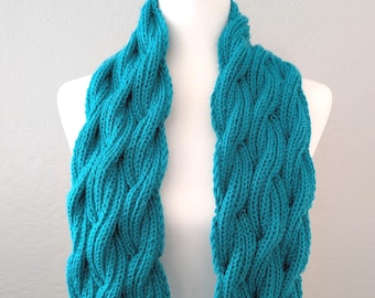 Teal Blue Hand Knit Scarf, Cozy Handmade Gift for Her, Warm Winter Accessory