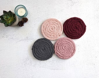 Hand Knit Cotton Coasters Set, Mug Rugs with Cork Back