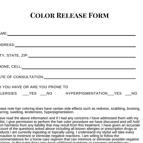 Hair Stylist Color Consent Form Etsy Ireland