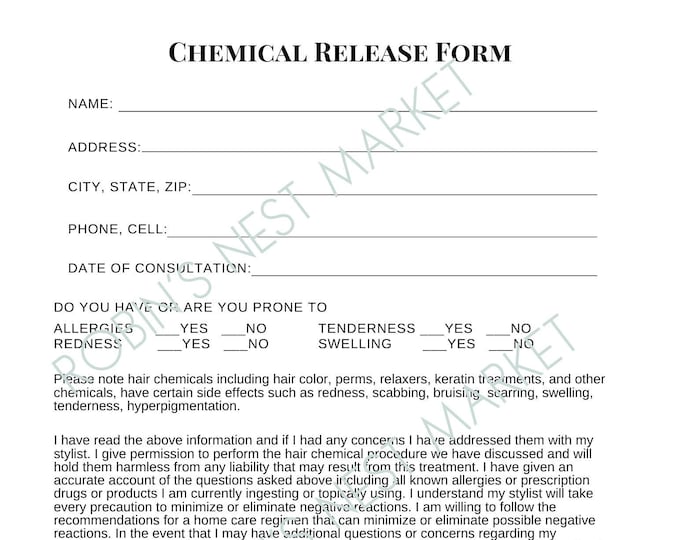 Hair Stylist Tools Chemical Release Form Beauty Salon Release Waiver