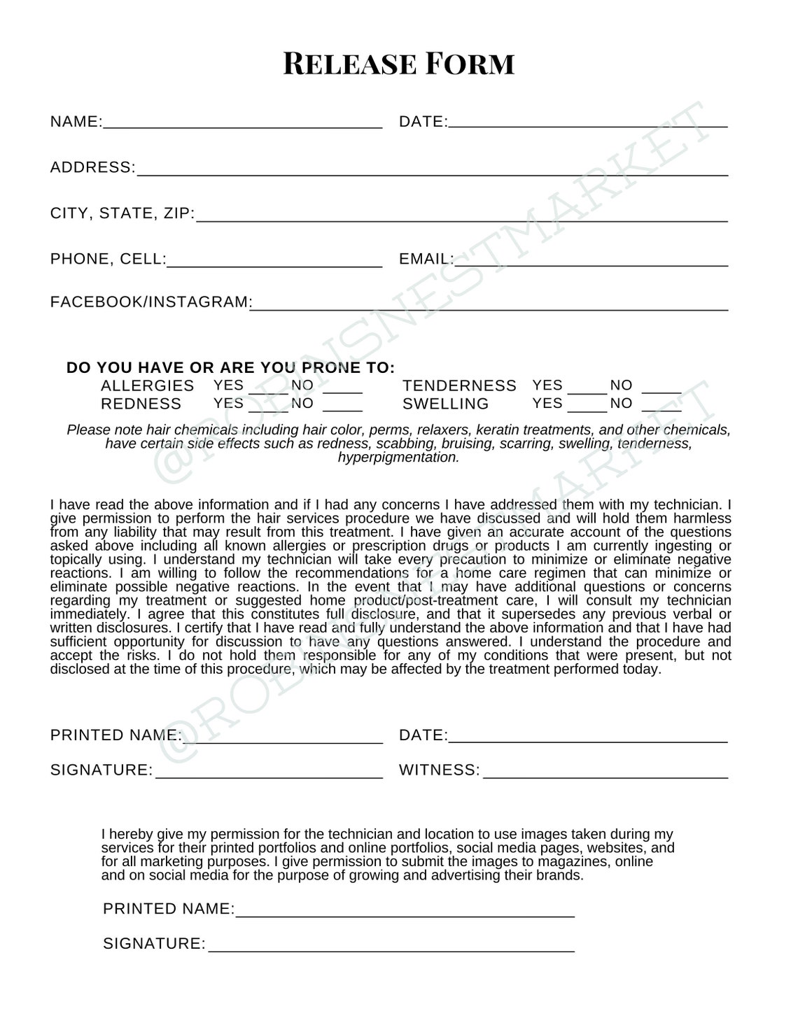 Hair Stylist Tools Chemical Release Form Beauty Salon | Etsy