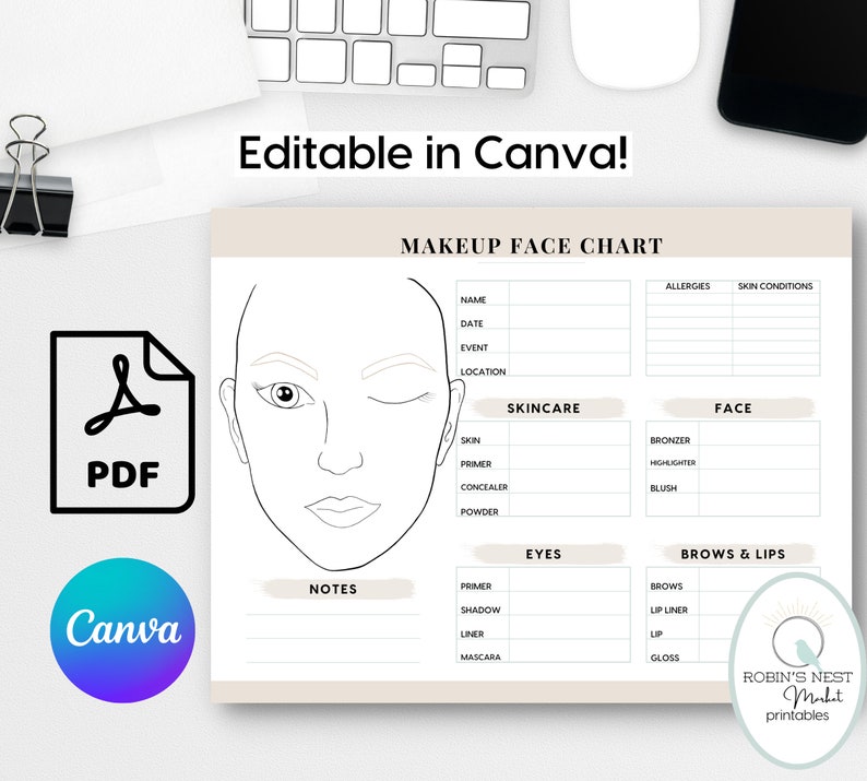 EDITABLE Makeup Artist Forms, Face Chart, Release Form, Salon, Weddings Editable Freelance
