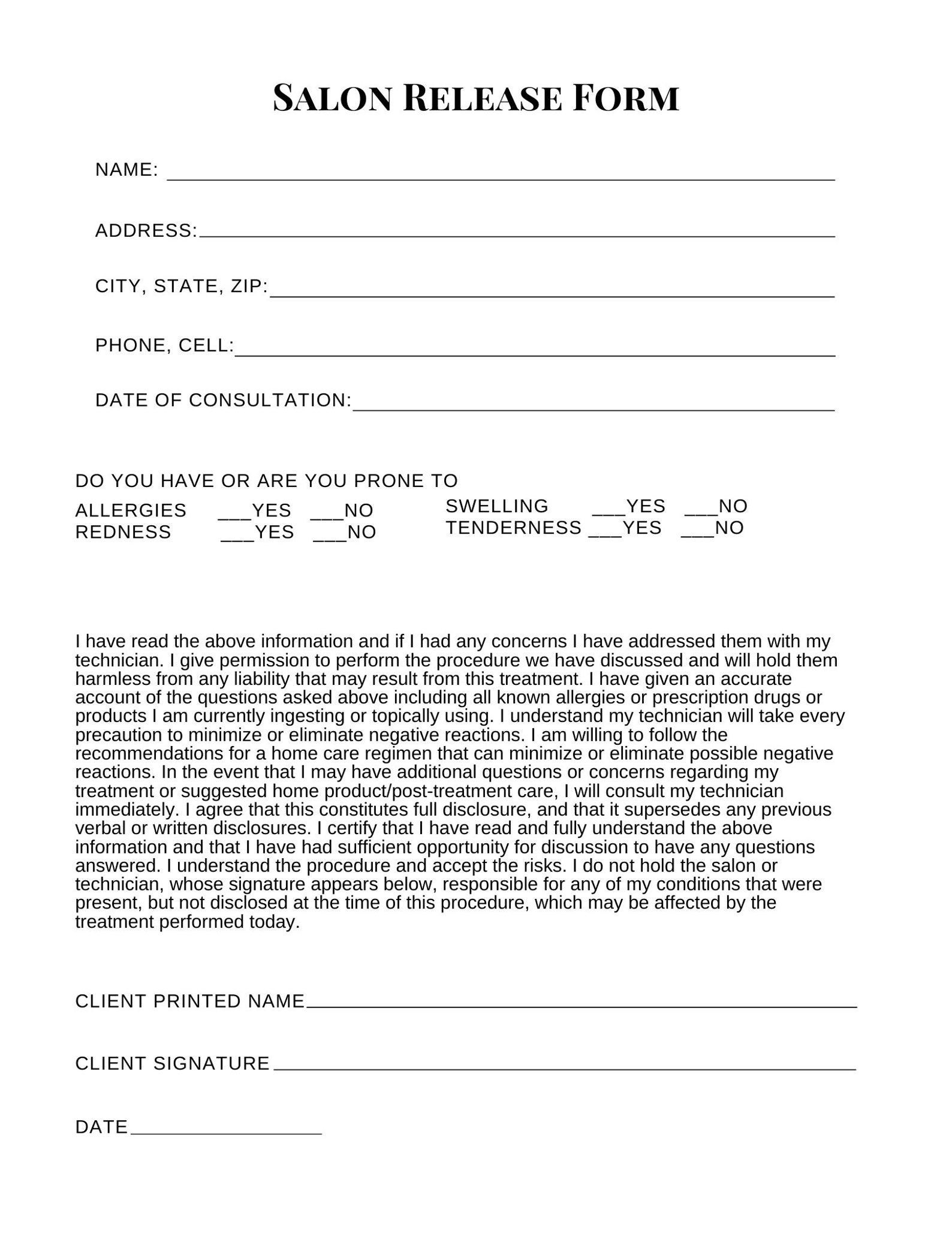 EDITABLE Beauty Salon Release Waiver Editable Form Nail Salon General ...