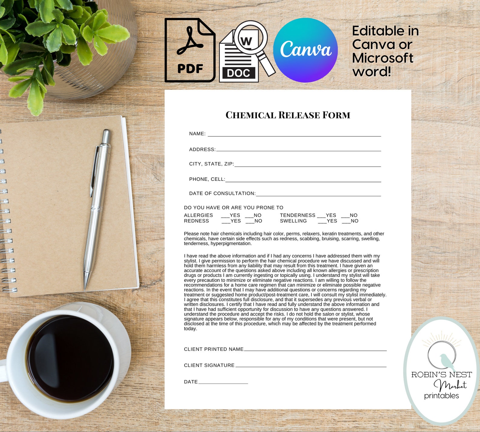 EDITABLE Hair Stylist Tools Chemical Release Form Release Waiver