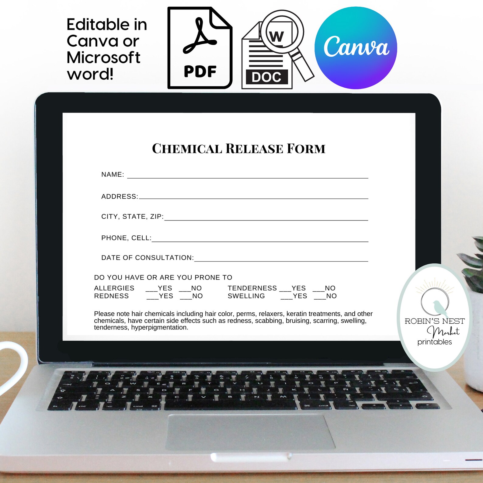 EDITABLE Hair Stylist Tools Chemical Release Form Release Waiver