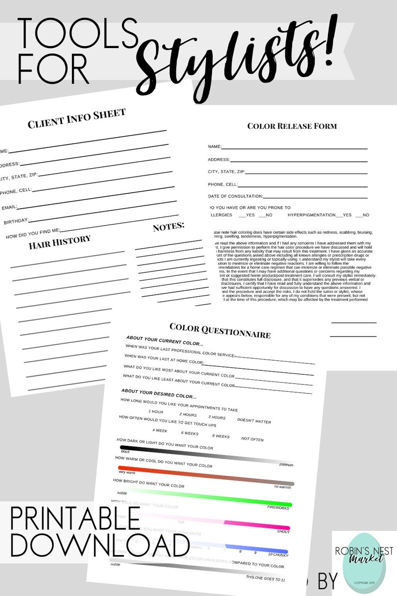 Hair Stylist Tools | Client Information Sheet | Color Release Form ...