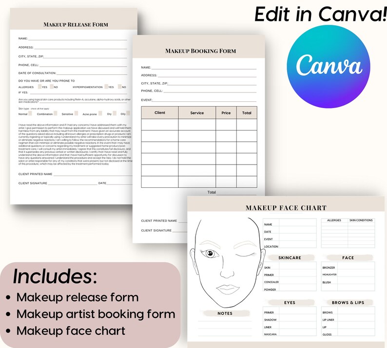 EDITABLE Makeup Artist Forms, Face Chart, Release Form, Salon, Weddings Editable Freelance