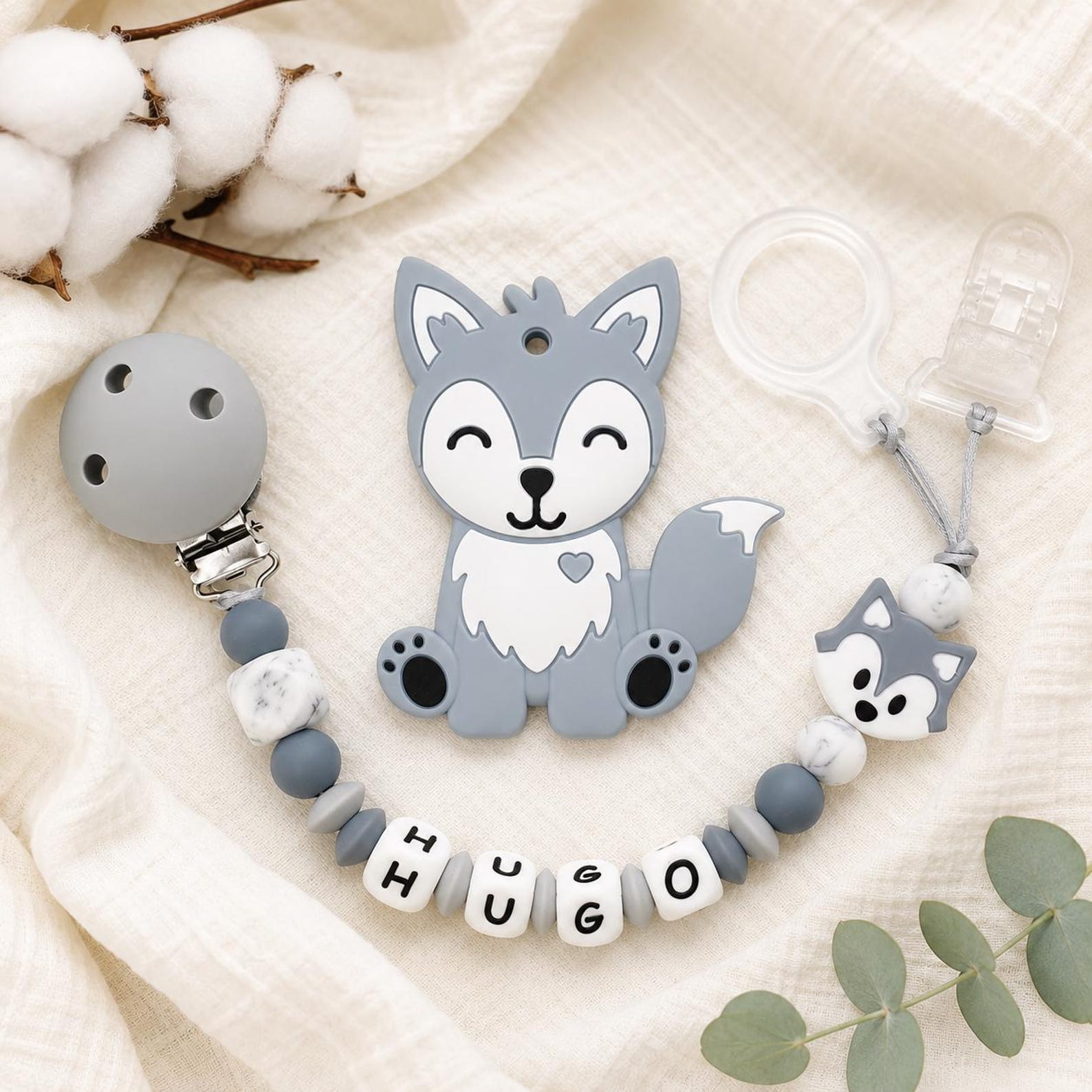 Personalized pacifier clip / name / baby toy gift, wolf design