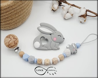 Attache tétine sucette personnalisée / prénom / jouet bébé naissance cadeau , modèle lapin gris & clip gravé