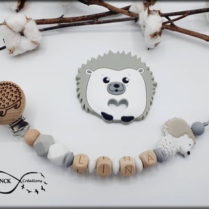 Personalized pacifier clip / first name / baby birth toy gift, hedgehog model & engraved clip