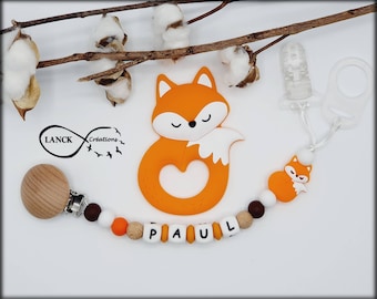 Personalisierter Fuchs-Schnullerclip, Geburtsgeschenk