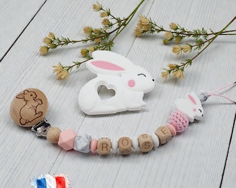 Personalisierter Schnullerclip aus Silikon und Holz mit Namen | Geschenk zur Geburt eines Babyhasen | Gravierter Schnullerclip | Hergestellt in Frankreich