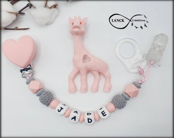 Attache tétine sucette personnalisée / prénom / jouet bébé naissance cadeau , modèle girafe rose