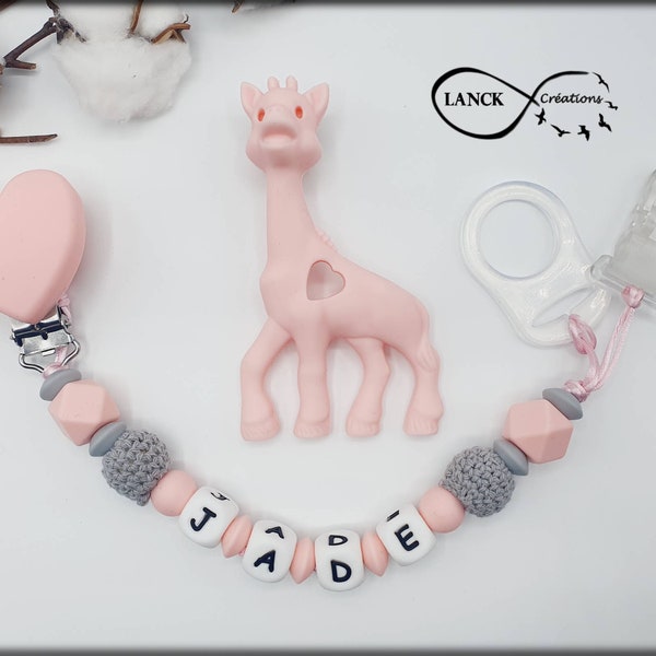 Attache tétine sucette personnalisée / prénom / jouet bébé naissance cadeau , modèle girafe rose
