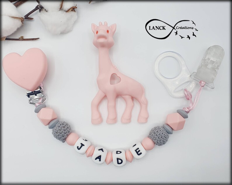 Personalized pacifier pacifier clip / first name / baby birth toy gift, pink giraffe model image 1