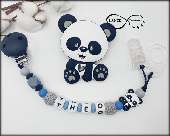 Attache tétine sucette personnalisée / prénom / jouet bébé naissance cadeau  , modèle panda bleu -  France