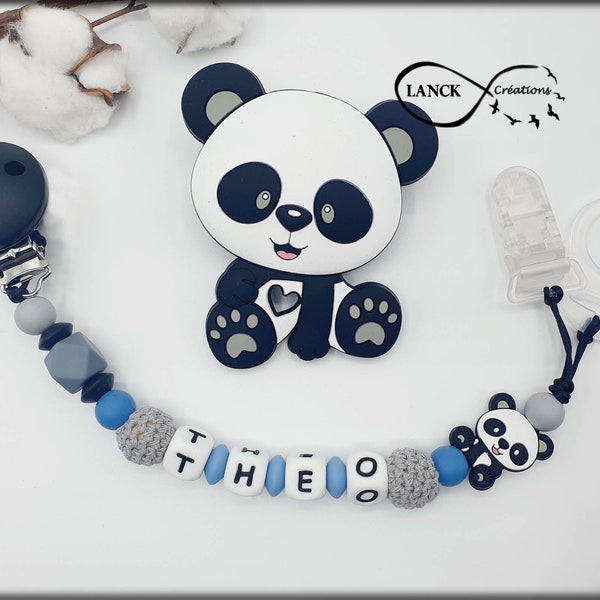 Personalisierter Schnuller-Clip / Vorname / Baby-Geburtsspielzeug-Geschenk, blaues Panda-Modell