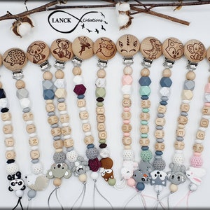 Personalisierter Schnullerclip / Vorname / Geschenk zur Geburt eines Babys, Modell eines grauen Wolfes und gravierter Clip Bild 3