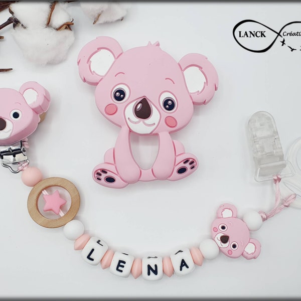 Personalized pacifier clip/first name/baby birth gift toy, pink koala model