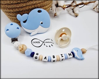 Personalisierter Schnullerclip / Vorname / Geschenk zur Geburt eines Babys, Modell „Blauwal“.