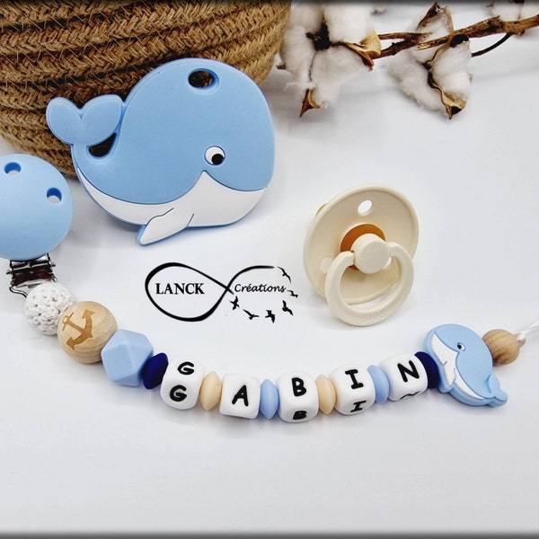 Clip de chupete personalizado / nombre / regalo de juguete de nacimiento de bebé, modelo 'Ballena Azul'