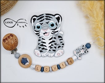 Personalized pacifier clip / first name / baby birth toy gift, gray tiger model & engraved clip