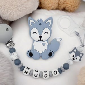 Personalized pacifier clip / first name / baby toy birth gift, gray wolf model