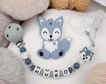 Personalized pacifier clip / name / baby toy gift, wolf design