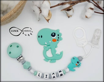 Personalized dinosaur pacifier clip, birth gift