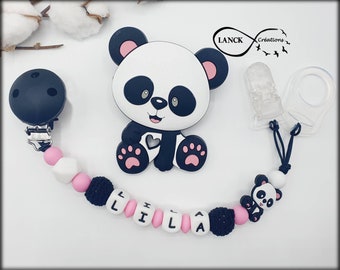 Personalisierter Schnullerclip / Vorname aus Silikon / Babyspielzeug zur Geburt, Modell rosa Panda