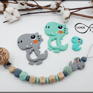 Personalized pacifier clip / first name food silicone / baby toy birth gift, green or gray dinosaur model & engraved clip
