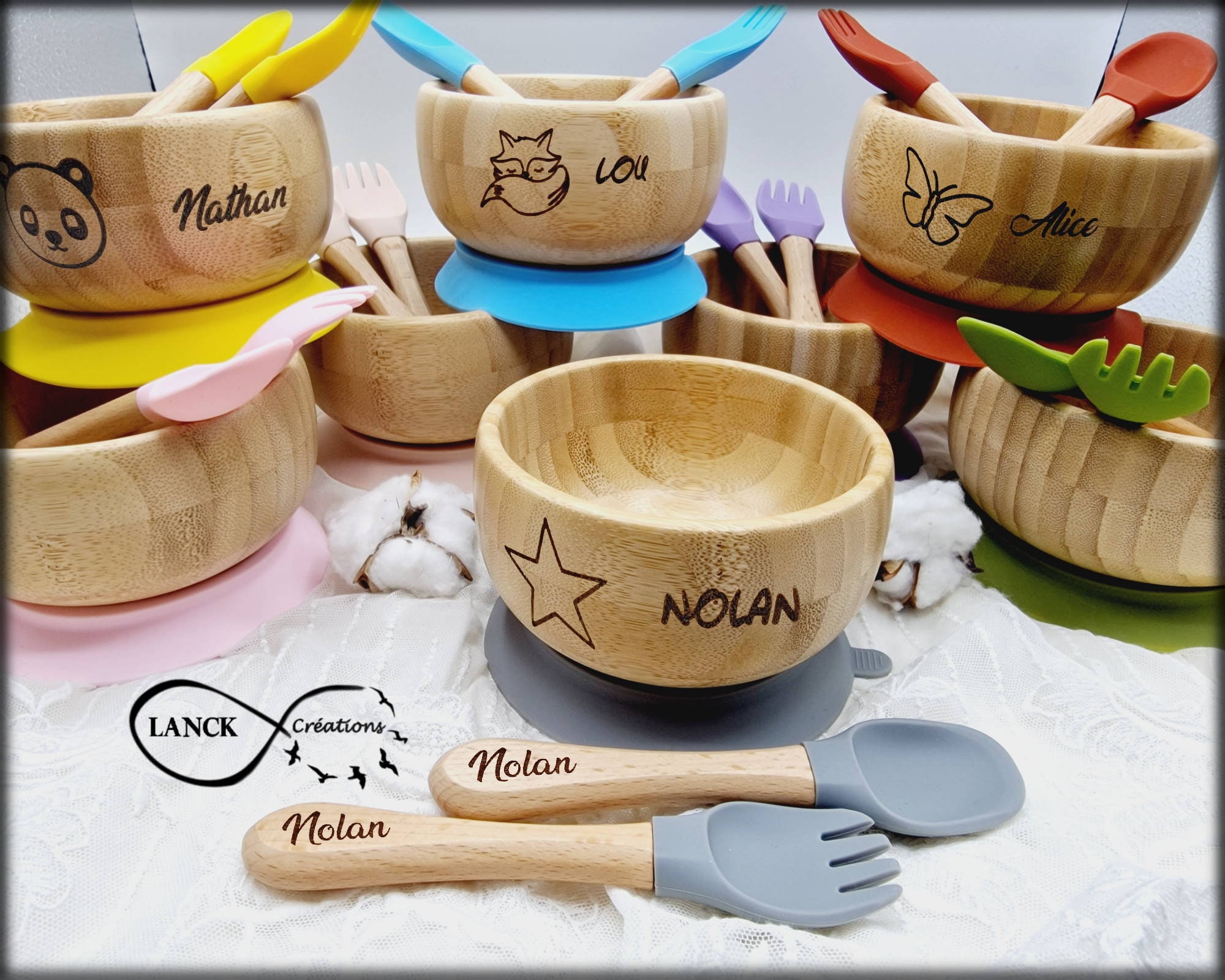 Assiette + couverts enfant bébé personnalisés en bois et silicone