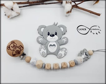 Personalisierter Schnullerclip / Vorname / Geschenk zur Geburt eines Babys, Teddybär-Modell & gravierter Clip