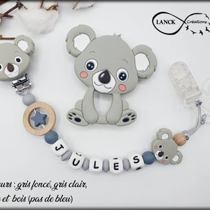 Clip de chupete personalizado / nombre / regalo de juguete de nacimiento de bebé, modelo koala gris