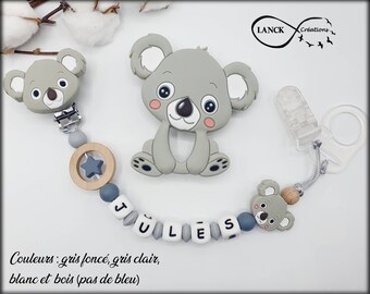 Personalisierter Schnullerclip / Vorname / Geschenk zur Geburt eines Babys, graues Koala-Modell