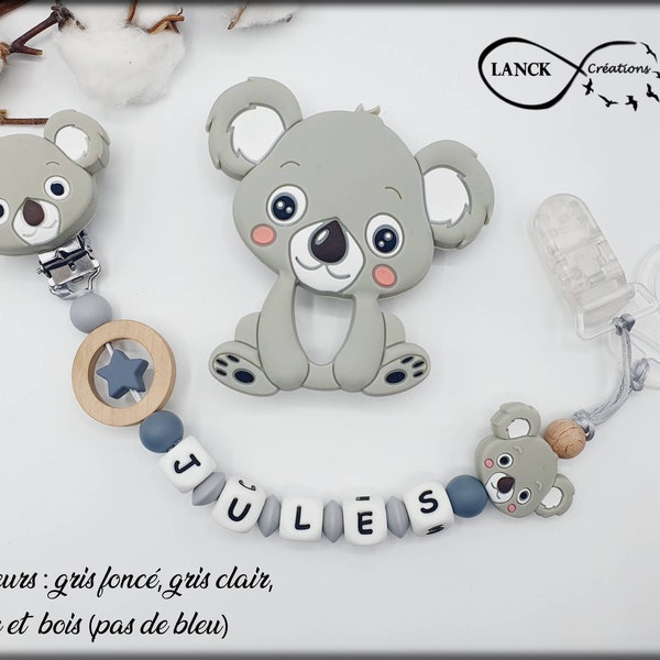 Attache tétine sucette personnalisée / prénom / jouet bébé naissance cadeau , modèle koala gris