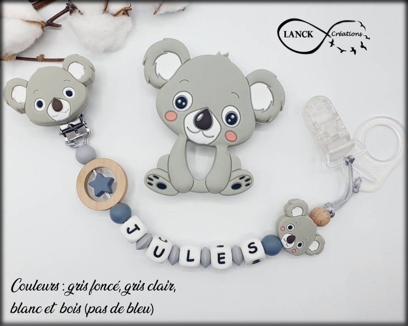 Clip per ciuccio personalizzata / nome / regalo giocattolo per la nascita del bambino, modello koala grigio immagine 1