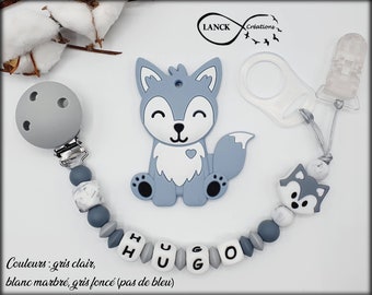 Personalisierter Schnullerclip / Vorname / Geschenk zur Geburt eines Babys, Modell grauer Wolf