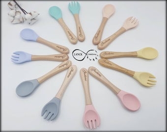 Customizable baby cutlery, wood and silicone for birth gifts and discovery of meals