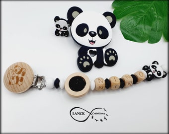 Personalisierter Schnullerclip / Vorname / Babygeburtsspielzeuggeschenk, Panda-Modell in Schwarz und Holz