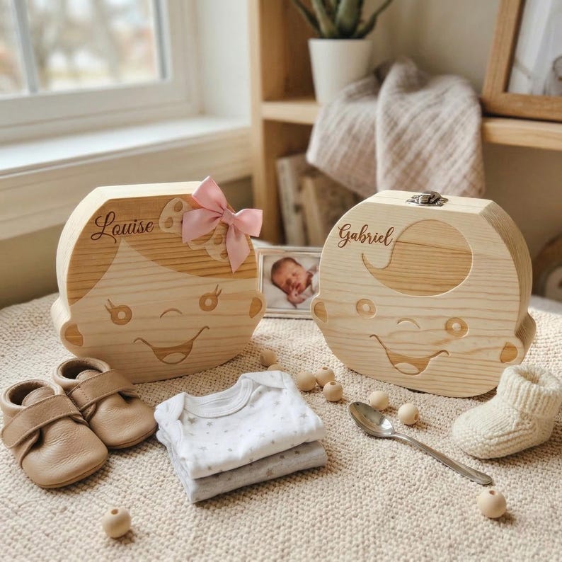 Personalisierte Babyzahnbox aus Holz, Geschenk zur Babyparty, gravierte Erinnerungsbox für Babys, Aufbewahrung für Babyzähne für Jungen und Mädchen Bild 1