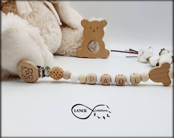 Personalisierter Schnullerclip / Vorname / Geschenk zur Geburt eines Babys, Bärenmodell aus Holz